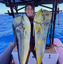 Load image into Gallery viewer, Diver holding two large fish with vendetta roller speargun in background
