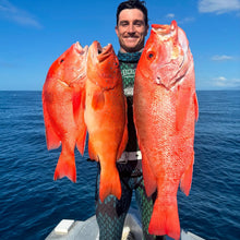 Load image into Gallery viewer, Diver holding red fish with ocean in background
