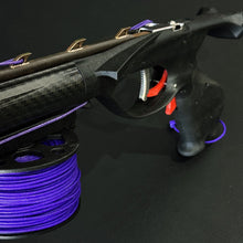 Load image into Gallery viewer, close up view of aimrite wet mammal speargun handle with purple line