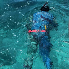 Load image into Gallery viewer, 1.5mm spearfishing wetsuit (blue/green colour) back angle in water