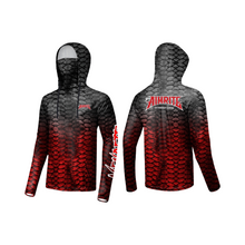 Load image into Gallery viewer, aimrite spearfishing dive shirt, red/grey design, front and back