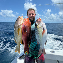 Load image into Gallery viewer, 1.5mm spearfishing wetsuit (blue/green colour) with reef fish