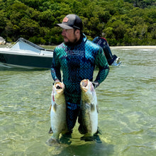 Load image into Gallery viewer, 1.5mm spearfishing wetsuit (blue/green colour) with barramundi