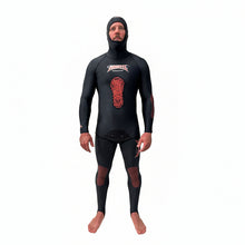 Load image into Gallery viewer, Person wearing a black wetsuit stinger suit with red accents on a white background
