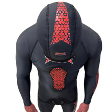 Load image into Gallery viewer, Aimrite black stinger suit close up top view of red details on hood