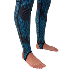 Load image into Gallery viewer, Aimrite blue/green stinger suit close up side view of pants with foot loops