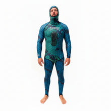 Load image into Gallery viewer, Aimrite blue/green stinger suit full front view with hood on