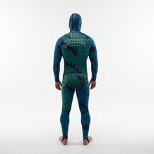 Load image into Gallery viewer, Aimrite blue/green stinger suit full back view with hood on