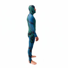 Load image into Gallery viewer, Aimrite blue/green stinger suit full side view with hood on