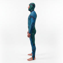 Load image into Gallery viewer, Aimrite blue/green stinger suit full side view with hood on
