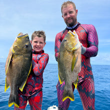 Load image into Gallery viewer, diver in Aimrite red/purple stinger suit holding matching reef fish with son