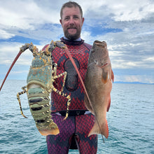 Load image into Gallery viewer, Aimrite stinger suit for spearfishing (red/purple) with trout and crayfish