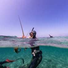 Load image into Gallery viewer, Aimrite blue/green stinger suit holding crayfish