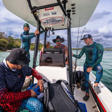 Load image into Gallery viewer, multiple people wearing Aimrite blue/green stinger suit on boat