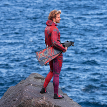 Load image into Gallery viewer, red/purple 3mm wetsuit for spearfishing, lifestyle image