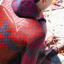 Load image into Gallery viewer, red/purple 5mm wetsuit for spearfishing, close up