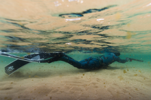 Load image into Gallery viewer, Person snorkeling underwater with reef addicts eagle ray fins surrounded by clear water.