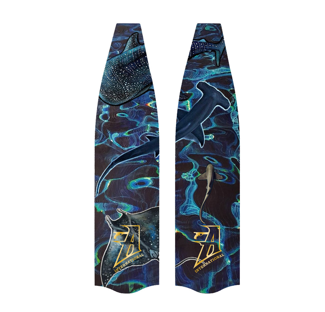 Freediving and spearfishing fins, (shark pattern) front angle