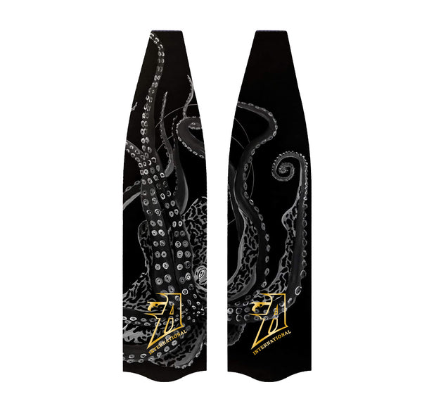 Freediving and spearfishing fins, (black and white octopus) front angle