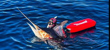 Load image into Gallery viewer, diver in water using the aimrite bluewater float red, with large marlin
