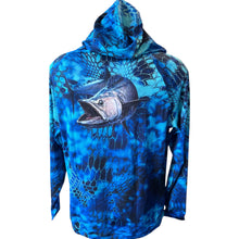 Load image into Gallery viewer, blue sun shirt with fish design (back)
