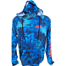 Load image into Gallery viewer, blue sun shirt with fish design (front)
