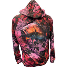 Load image into Gallery viewer, maroon sun shirt with fish design (back)
