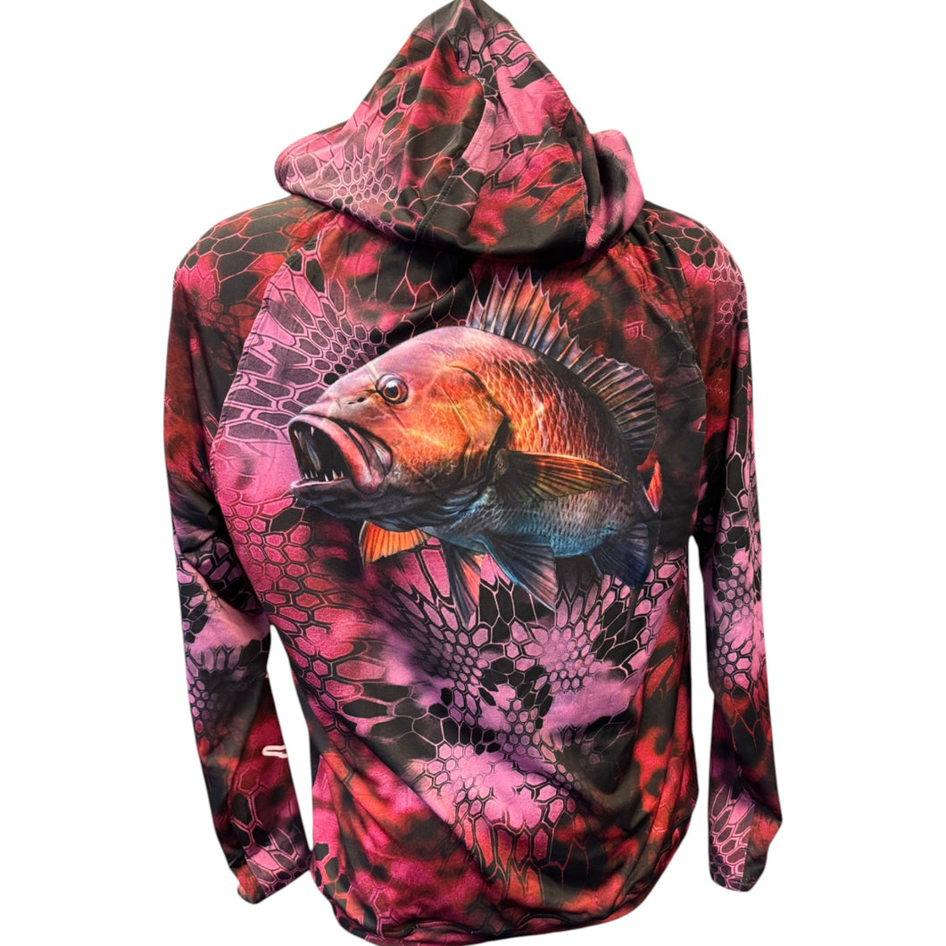 maroon sun shirt with fish design (back)