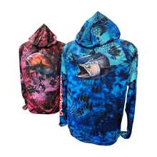 Load image into Gallery viewer, maroon and blue sun shirts with fish designs (front)
