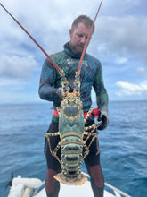 Load image into Gallery viewer, Person holding a large lobster on a boat with ocean and sky in the background
