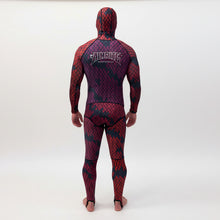 Load image into Gallery viewer, Aimrite red/purple stinger suit full back view with hood on
