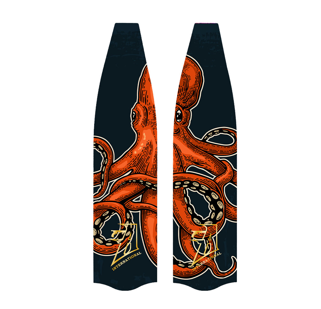Freediving and spearfishing fins, (orange octopus) front angle