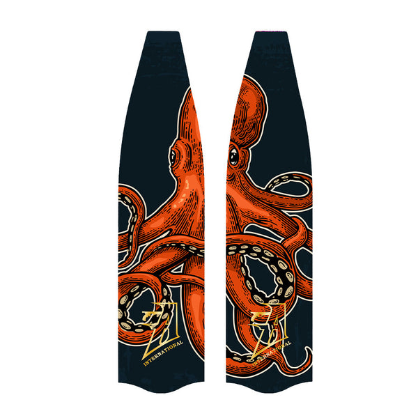 Freediving and spearfishing fins, (orange octopus) front angle