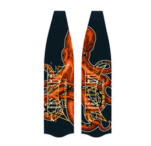 Load image into Gallery viewer, Freediving and spearfishing fins, (orange octopus) back angle
