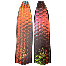 Load image into Gallery viewer, full front view of aimrite freediving fins (hex inferno)
