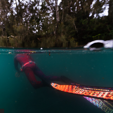 Load image into Gallery viewer, Person in a red wetsuit underwater with  trees in the background wearing aimrite free diving fins (hex inferno)

