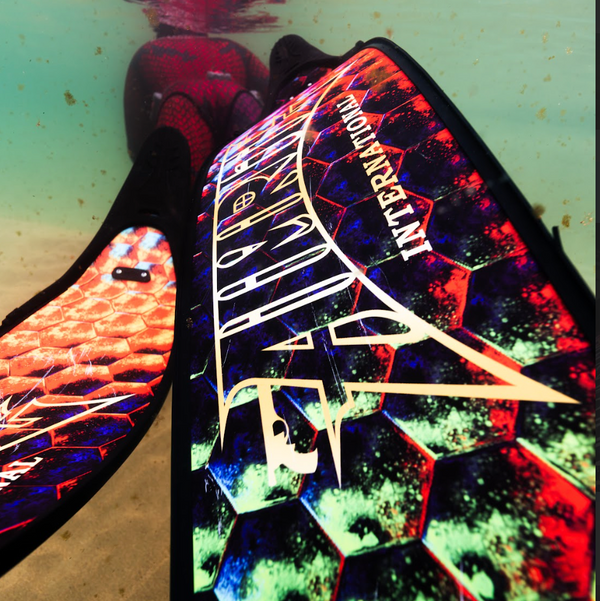 Close up view of aimrite freediving fins (hex inferno)