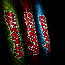 Load image into Gallery viewer, Close up of colour customised aimrite barrels with red Vendetta stickers
