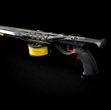 Load image into Gallery viewer, close up of colour customised Aimrite speargun grey and gold
