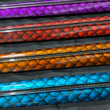 Load image into Gallery viewer, close up of colour customised Aimrite speargun barrels (purple, red, orange, blue)
