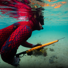 Load image into Gallery viewer, Diver in red aimrite wetsuit holding Venom rail speargun - Orange hive
